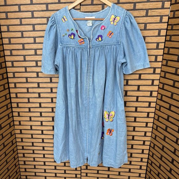 Bechamel Denim Zip Up Butterfly Embroidered Dress Size Medium Petite‎ - Picture 1 of 9